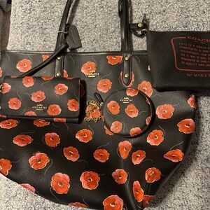 Coach X Wizard of Oz Poppies Black Tote with Red Floral Design